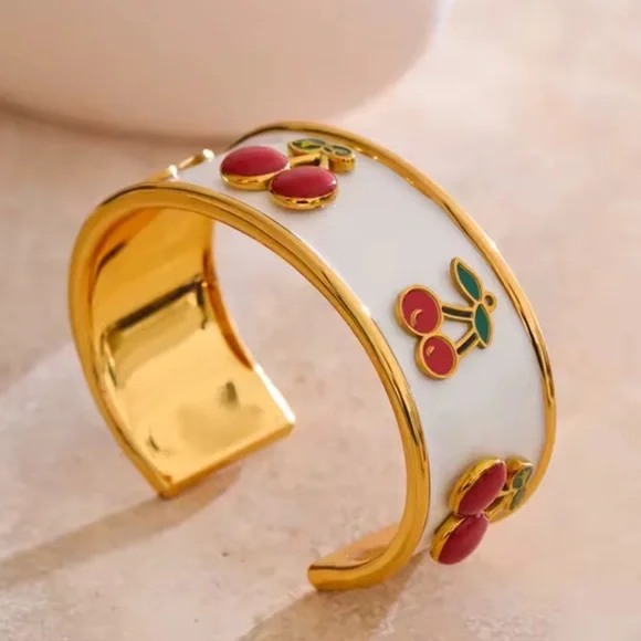 Red Cherry 18K Gold Stainless Steel Enamel Bangle Bracelet - Picture 3 of 8